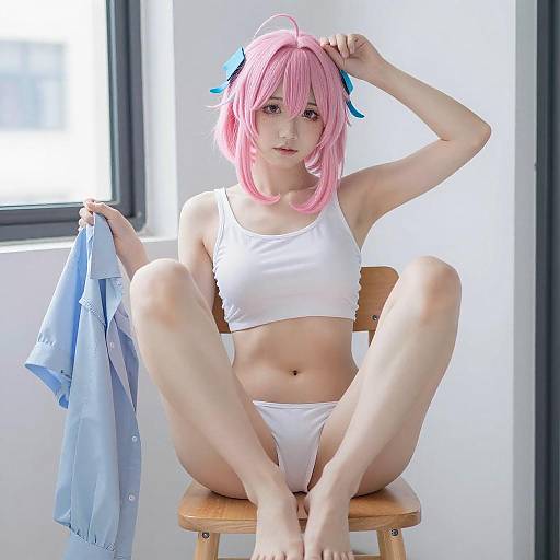 Pink-Haired Cosplayer Sitting Pose