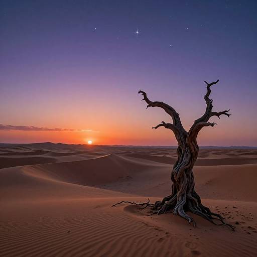 Photograph of a solitary, twisted desert tree at sunset in a vast, rippled sand dune landscape under a starry, gradient sky.
