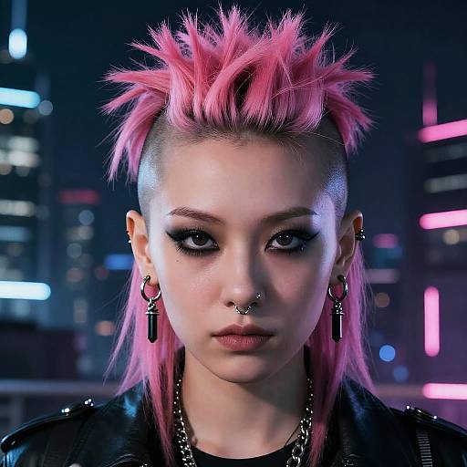Photograph of a punk woman with bright pink spiky hair, shaved sides, black eyeliner, nose rings, and black leather jacket, against a