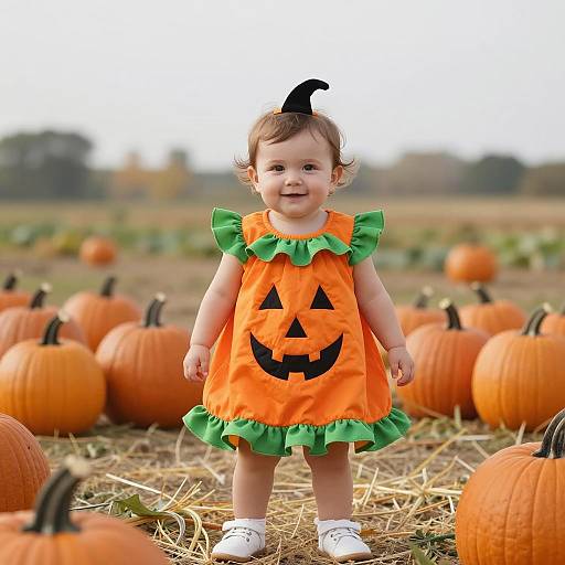 Baby Girl in Pumpkin Halloween Costume in Pumpkin Patch