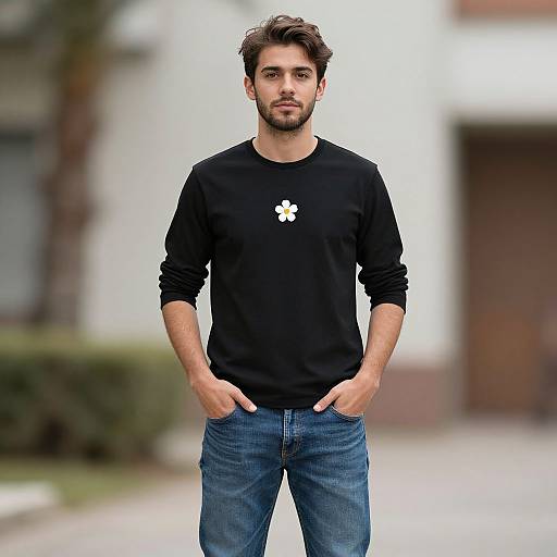 Photograph of a handsome, bearded man with short brown hair, wearing a black long-sleeve shirt with a white flower design, and blue