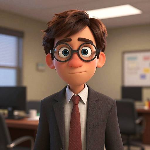 CGI cartoon of a young man with large round glasses, dark brown hair, wearing a black suit, white shirt, and maroon tie, in