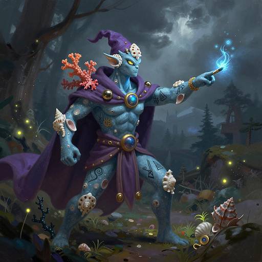 Anthropomorphic Wizard with Bioluminescent Coral Body in Mystical Forest
