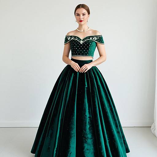 Woman in Emerald Green Velvet Formal Gown