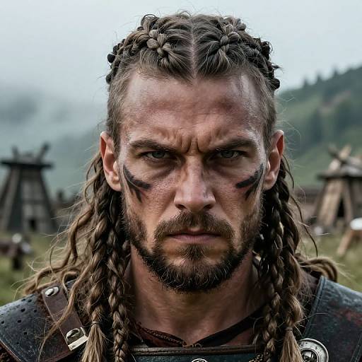 Photorealistic portrait of a rugged, bearded man with braided hair, war paint on his face, wearing medieval armor, in a misty