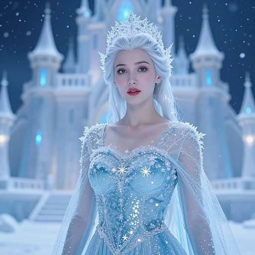 CGI image of a fair-skinned, white-haired woman in a blue, snowflake-embellished, ice queen dress standing before a glowing