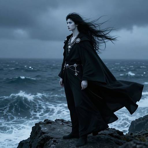 Photograph of a pale-skinned woman with long black hair, wearing a dark, flowing cloak adorned with silver jewelry, standing on rocky ocean shore under