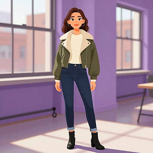 Digital artwork of a young woman with brown hair, wearing a green jacket, white sweater, blue jeans, and black ankle boots, standing in a sun
