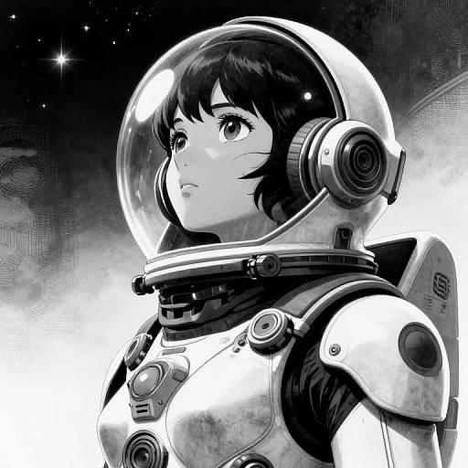 Monochrome digital illustration of a young woman in a futuristic space suit with a transparent helmet, looking upward with a focused expression in a starry, cosmic