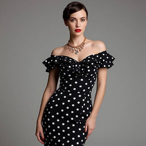Photograph of a fair-skinned woman with red lipstick, dark hair in an updo, wearing an off-shoulder black polka dot dress