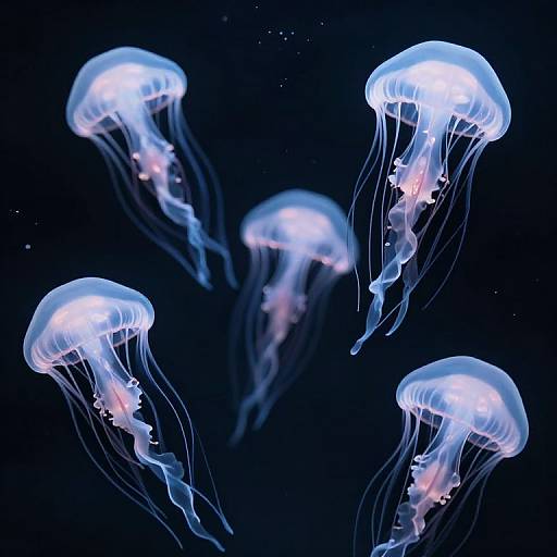 Photograph of five glowing blue and white jellyfish with translucent, flowing tentacles, floating against a dark, star-speckled ocean background.