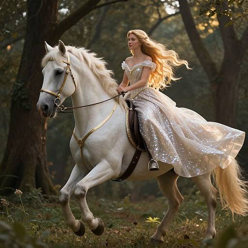 Photograph of a blonde woman with long hair in a sparkling silver ball gown riding a white horse through a sunlit forest.