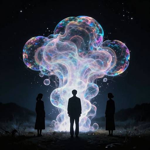 Digital artwork of three silhouetted figures standing before a glowing, iridescent bubble explosion against a dark, starry night sky.
