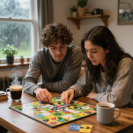 Photograph of curly-haired man and dark-haired woman in gray sweaters, intensely playing colorful puzzle game at wooden table, with steaming coffee cups and