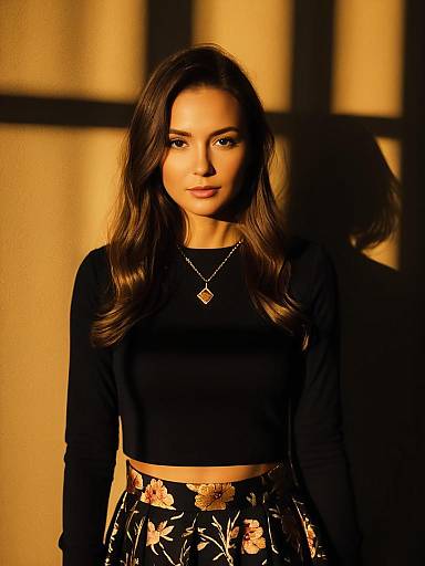 Woman in Casual Chic Outfit with Floral Skirt