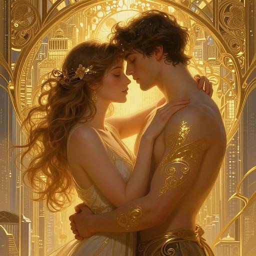 Digital painting of a romantic, golden-lit couple in an Art Nouveau arch, with intricate golden arm adornments, embracing intimately. Cityscape background