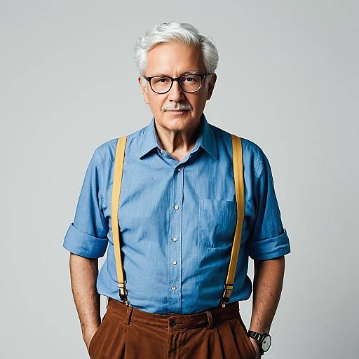 Elderly Man Wearing Suspenders and Blue Shirt
