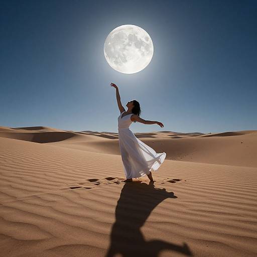 Photograph of a woman in a flowing white dress dancing in a desert, reaching towards a bright, full moon in a clear blue sky, casting a