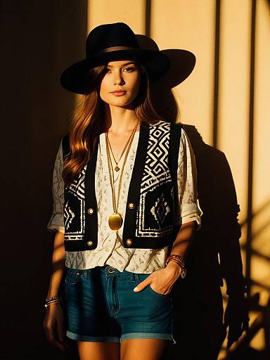 Bohemian Woman in Tribal Vest and Hat