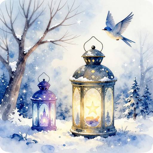 Watercolor painting of a snowy night scene with two glowing lanterns, a flying blue bird, and a bare tree in the background.