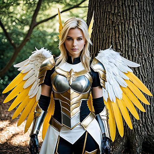 Female Cosplayer in Yellow Feathered Angel Wings Armor
