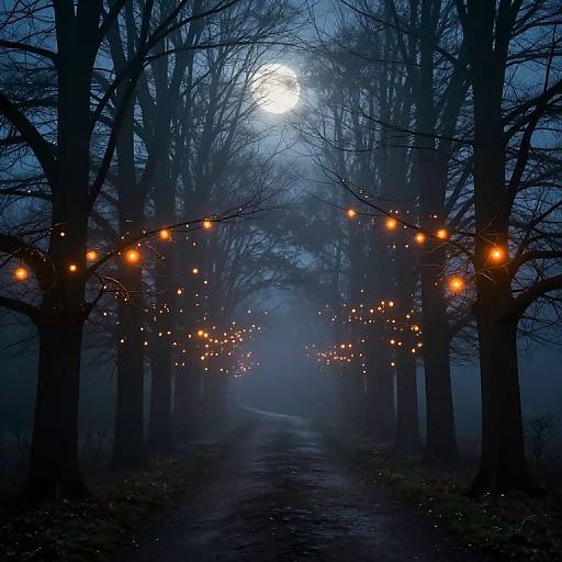 Moody photograph of a foggy forest path at night, illuminated by warm, orange string lights hanging between tall, leafless trees, with a bright