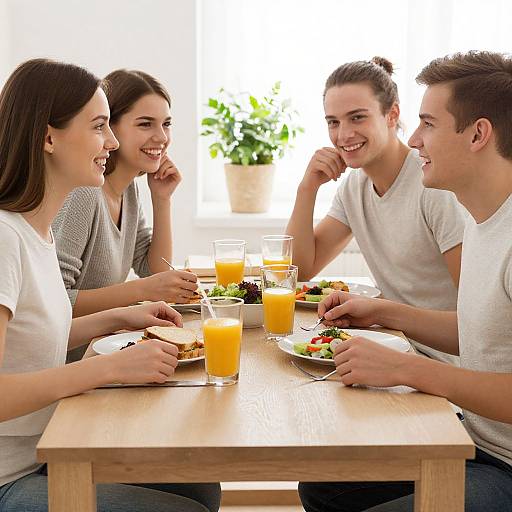 Photograph of four smiling young adults, two women and two men, in white shirts, sitting at a wooden table with orange drinks and salads, enjoying