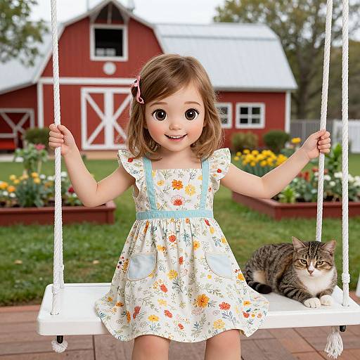 Photograph of a smiling young girl with brown hair in a floral dress, sitting on a white swing with a tabby cat, in front of a