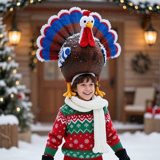 Photograph of a smiling young boy in a large, colorful turkey hat with a red wattle, wearing a red and green Christmas sweater and white scarf