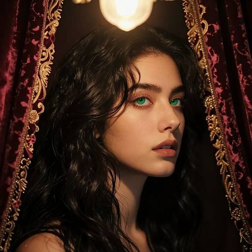Photograph of a young woman with long, wavy black hair, green eyes, and pale skin, framed by ornate, red velvet curtains and
