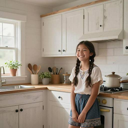 Photograph of a smiling young girl with long braided hair, wearing a white lace top and blue patterned skirt, standing in a bright, rustic