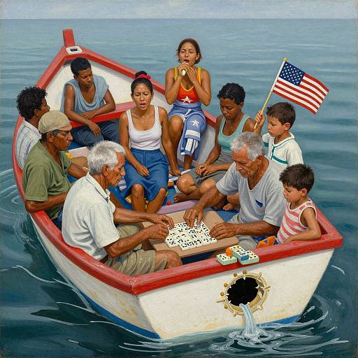 Painting of diverse group of eight people, including elderly man, children, and adults, playing cards in small white boat with red trim, holding American