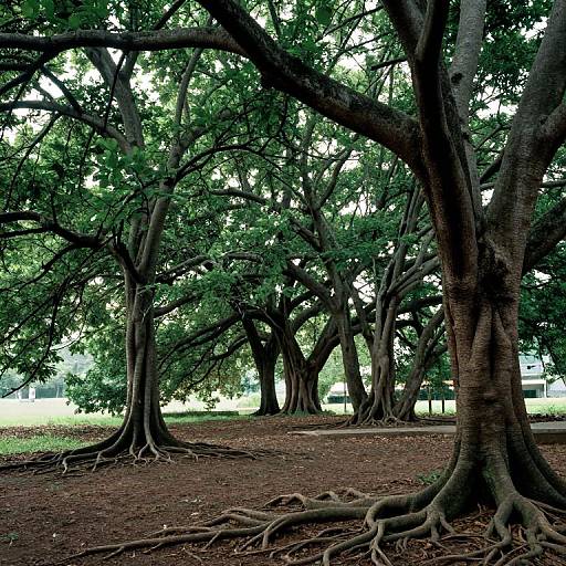 Photograph of a serene forest with large, sprawling trees with thick, twisted trunks and extensive root systems, casting dappled shadows on the brown