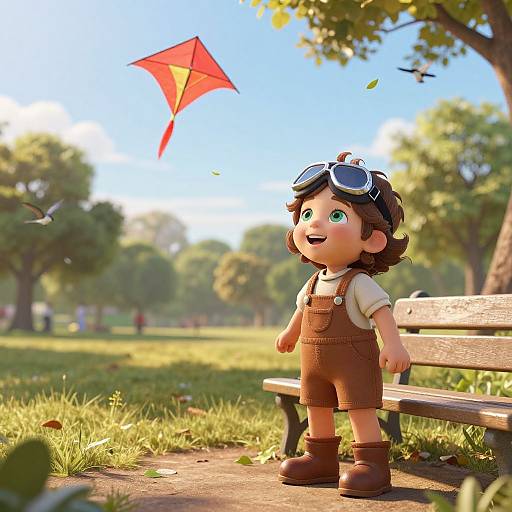 CGI image of a cute, chubby, green-eyed boy with brown hair, goggles, brown overalls, and boots, flying a red kite in