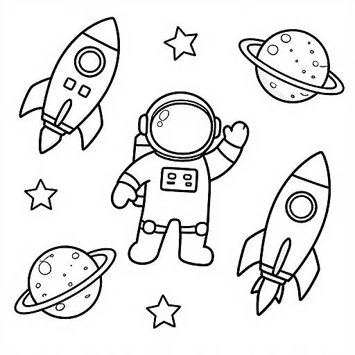 Black and white line drawing of a cartoon astronaut with a helmet, surrounded by rockets, a planet, and stars.