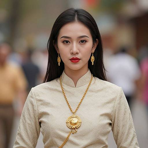 Photograph of an Asian woman with long black hair, red lipstick, gold earrings, and necklace, wearing a beige embroidered blouse, standing in a blurred