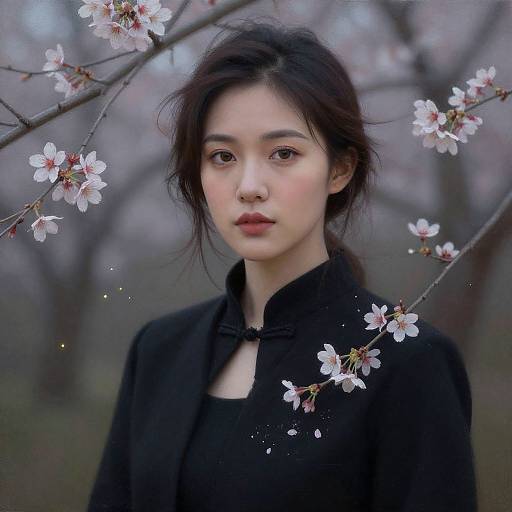 Photograph of a young Asian woman with fair skin, dark hair, wearing a black high-collared top, surrounded by delicate cherry blossoms in