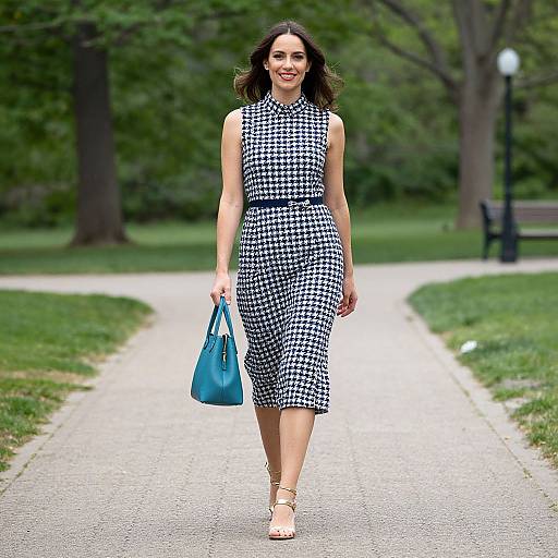 Photograph of a smiling woman with dark hair, wearing a black-and-white houndstooth sleeveless dress, blue handbag, and beige sandals