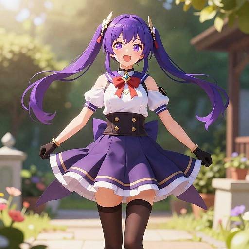 Anime Girl in Purple School Uniform Twirling Skirt
