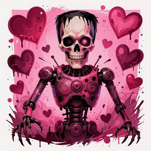 Digital illustration of a skeletal robot with black hair, pink and red heart background, and dripping hearts, showcasing mechanical arms.