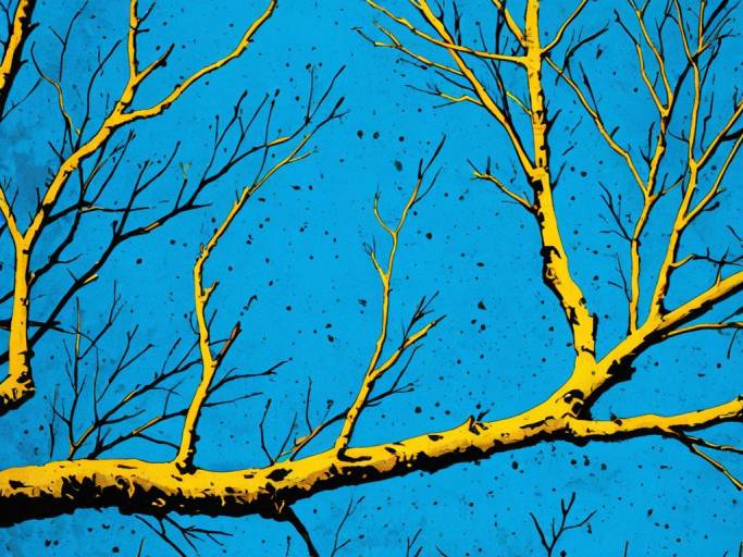 Vibrant Blue and Yellow Tree Branch Art