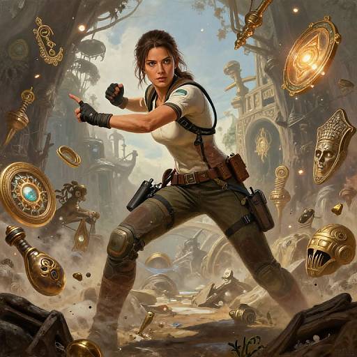 Digital fantasy artwork of a fierce, muscular woman in a white shirt and brown pants, pointing forward amidst floating ancient gold artifacts and ruins. She has dark