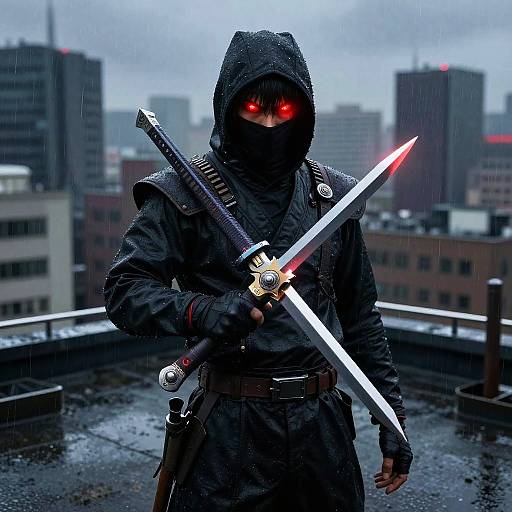 Photograph of a hooded ninja with glowing red eyes, holding a glowing sword, standing on a rainy rooftop with a cityscape background. Raindrops
