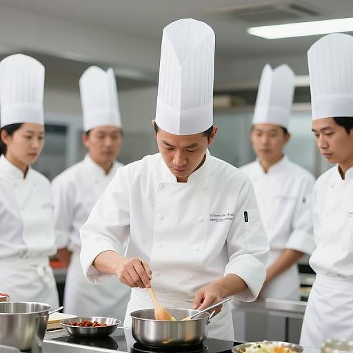 Photograph of five Asian chefs in white uniforms and tall hats, focusing on cooking in a modern kitchen with stainless steel utensils and ingredients. Central chef