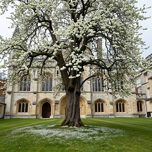 Photograph of a large, blooming tree in front of a Gothic-style stone building with arched windows and doorways on a grassy lawn.
