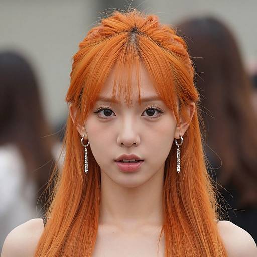 Photograph of an East Asian woman with vibrant orange hair, straight bangs, and intricate braided crown, wearing dangling silver earrings, looking directly at