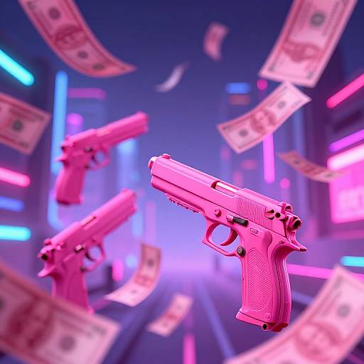 CGI image of three pink handguns floating amidst flying dollar bills in a neon-lit, futuristic cityscape with vibrant blue and pink lights.