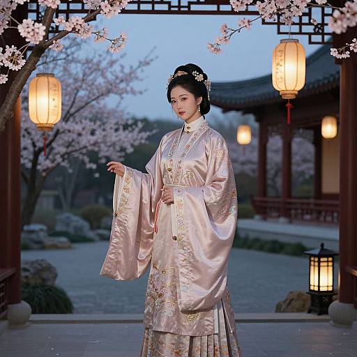 Photograph of an Asian woman in traditional, pink silk hanbok, standing under cherry blossom arch with lanterns, twilight garden background.