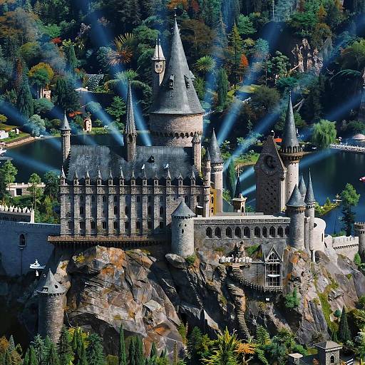 Photograph of Hogwarts Castle from Harry Potter series, illuminated by blue lights, with detailed stone architecture, towers, and surrounded by lush greenery.