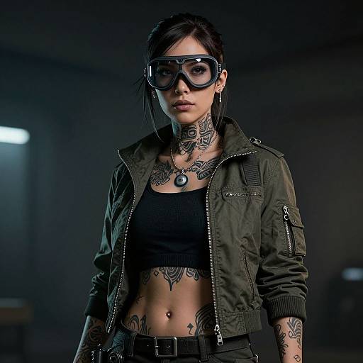 Photograph of a tattooed woman with dark hair, wearing oversized goggles, black crop top, and olive green jacket, standing in a dimly lit